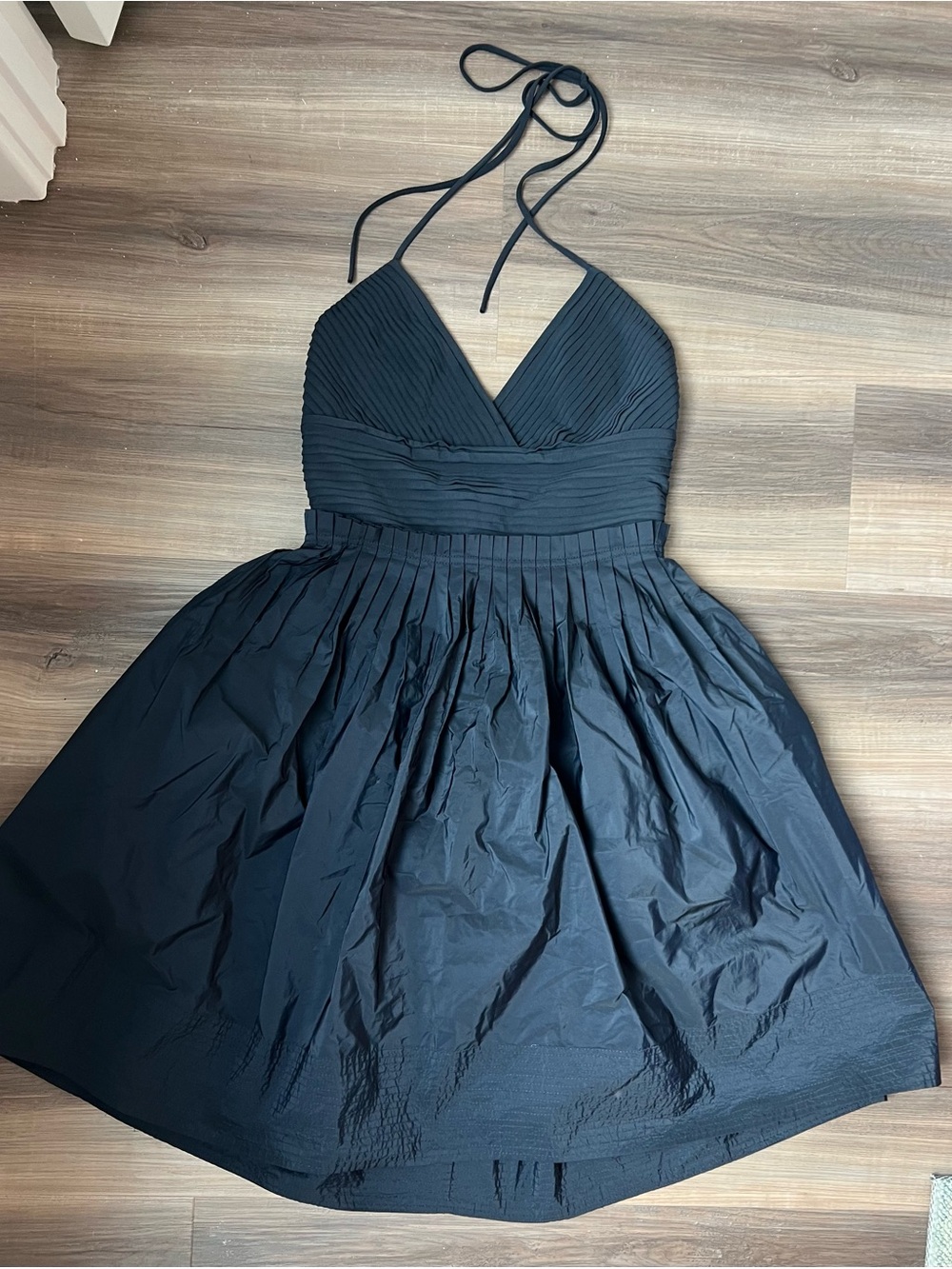 BCBGMaxAzria Black Halter Pleated Skater Dress with Tie Back